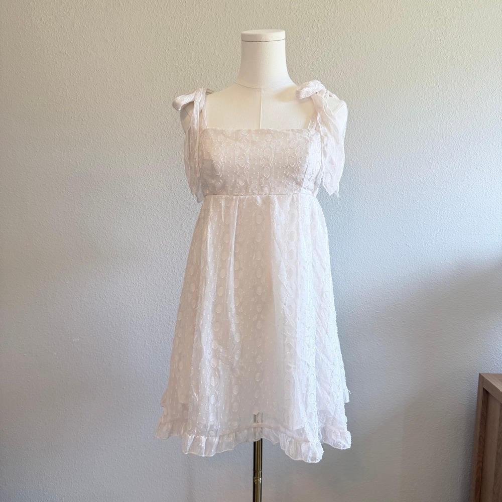 White Romantic Fairytale Tie Shoulder Back Bow Ruffle Mini Dress Summer Party
